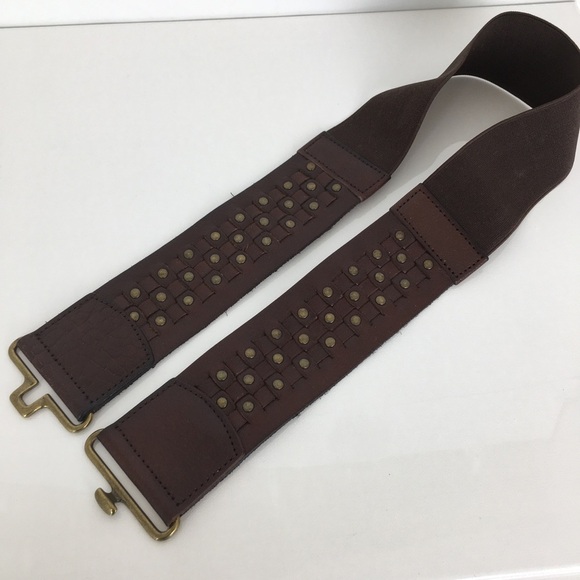 Wide Boho Woven Leather Stretchy Belt Brown with Brass Studs Women’s Size L/XL main image 5